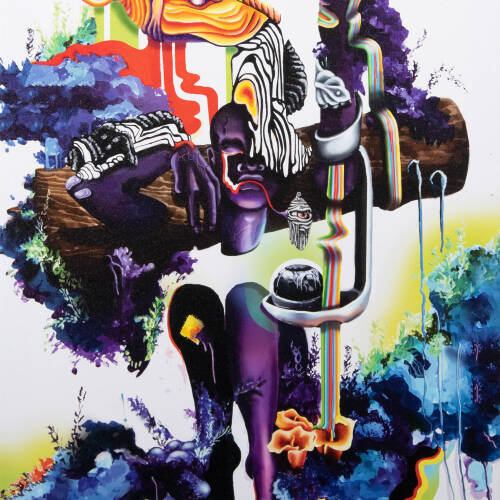 A digital painting that features parts of the body in purple, blue, orange, red, and green. The right side of the image has many elements that appear to be dripping down it.